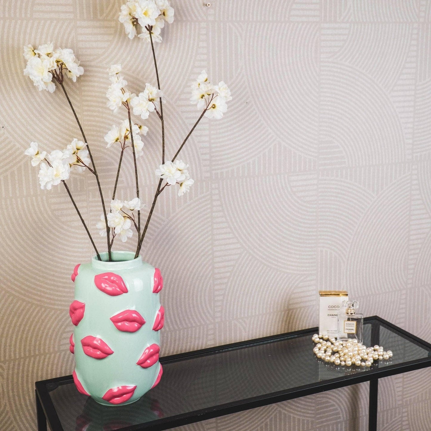 Tall Kiss me Vase Mint & Pink