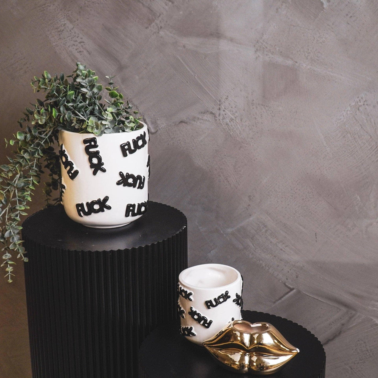 Plant Pot 'FUCK' - Ceramics - White/Black -11cm